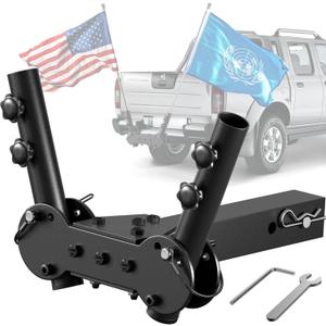 Adjustable Angle Double Hitch Mount Flagpole Holder | All Metal Durable , Fits Standard 2" Trailer Hitch, Compatible with Pickup, Truck, SUV, RV, Jeep, Camper Trailer (Double Flagpoles)