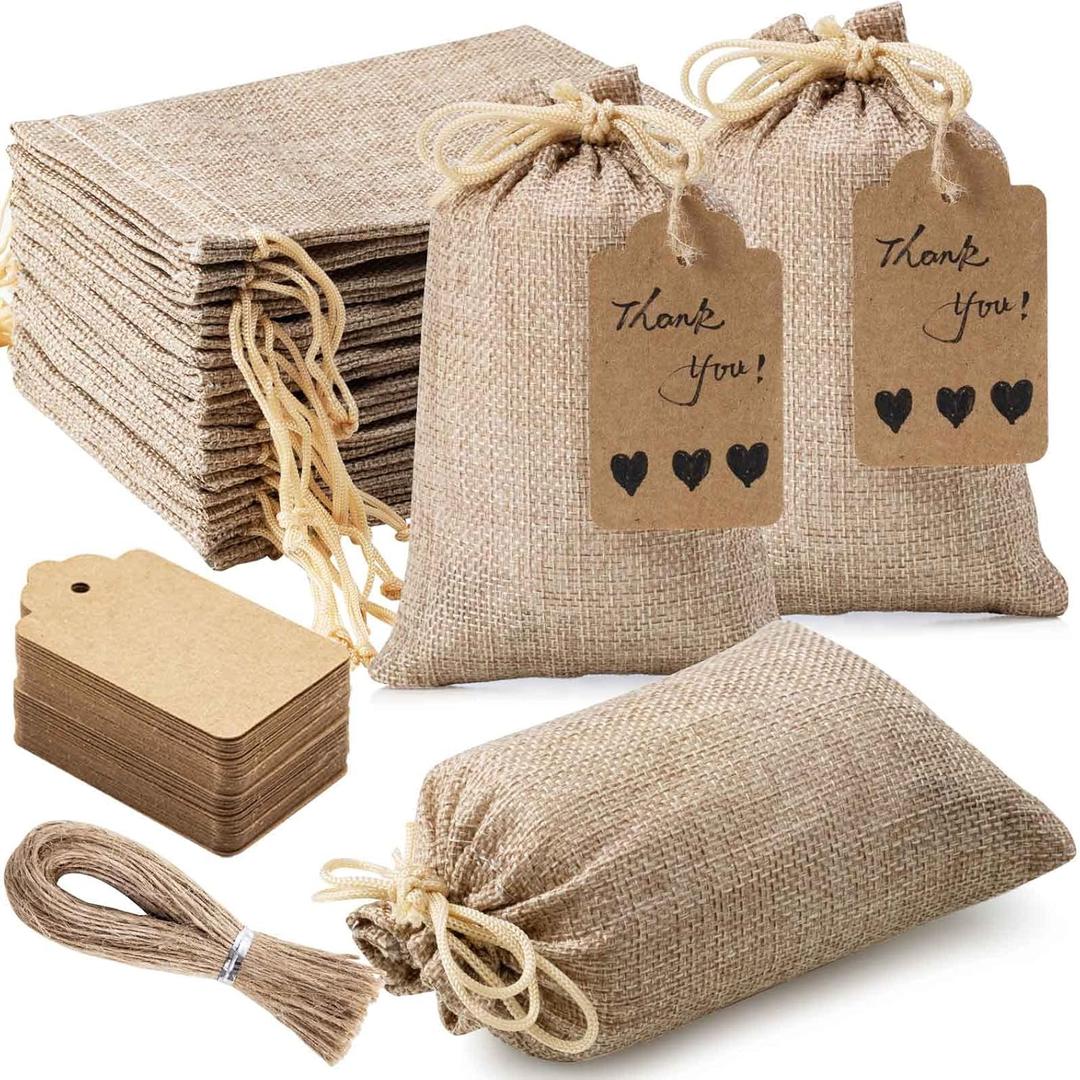 Homum 25Pcs Premium Burlap Gift Bags with Drawstring and 25Pcs Gift Tags & String, 4x6 Inch Reusable Gift Burlap Linen Sacks Bag for Wedding Favors Party Jewelry Pouches, Christmas, Coffee, DIY Craft (1 count (Pack of 25))