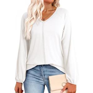 Dokotoo Womens Tops Fashion V Neck Long Sleeve Tops for Women Fall Outfits for Women 2025 Casual Loose Blouses (L)