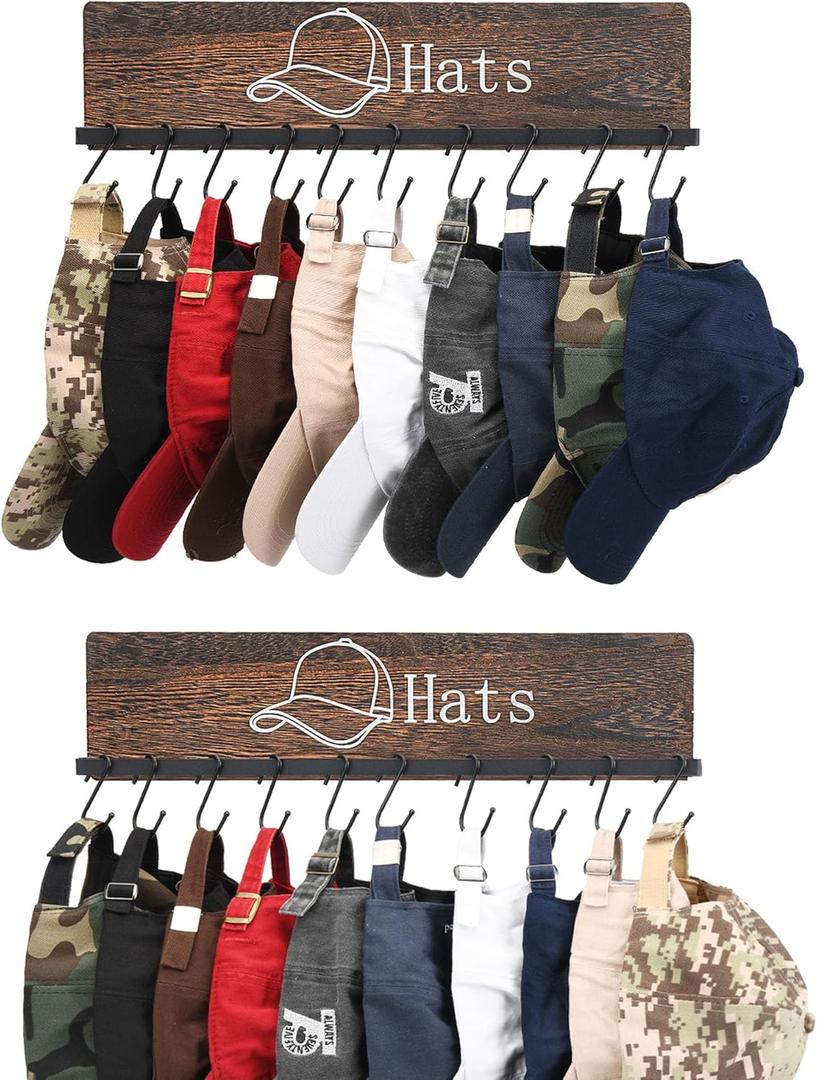 FANGSUN Hat Rack for Wall, Wooden Baseball Cap Organizer with 20 Hooks, Hat Display Storage Holder for Men and Women, Rustic Ball Cap Hanger for Closet, Bedroom, Entry, Set of 2