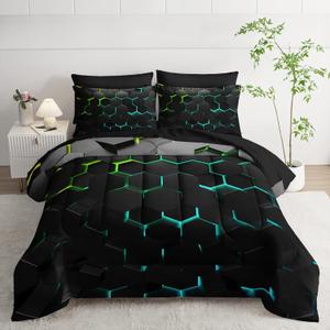 Geometric Green Black Neon Comforter Set 7 Piece in A Bag Light,Light Honeycomb 7PCS Bedding Set Queen for Teen Boys,Modern Bedding Quilt Set Geometry Decor Bed Sheet Set Microfiber Lightweight