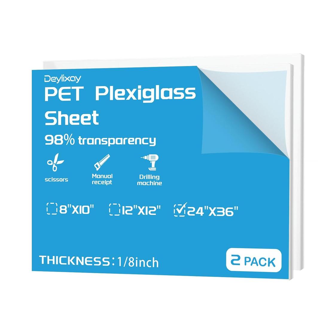 Deylixay-2Pack 1/8 Inch 24x36 Thick Plexiglass Sheets - 3mm Plastic Sheet Polycarbonate Sheet for Crafts,Signs, Display Cases, Party,Office,DIY Projects, Cut with Engraver, Power Saw or Hand Tools