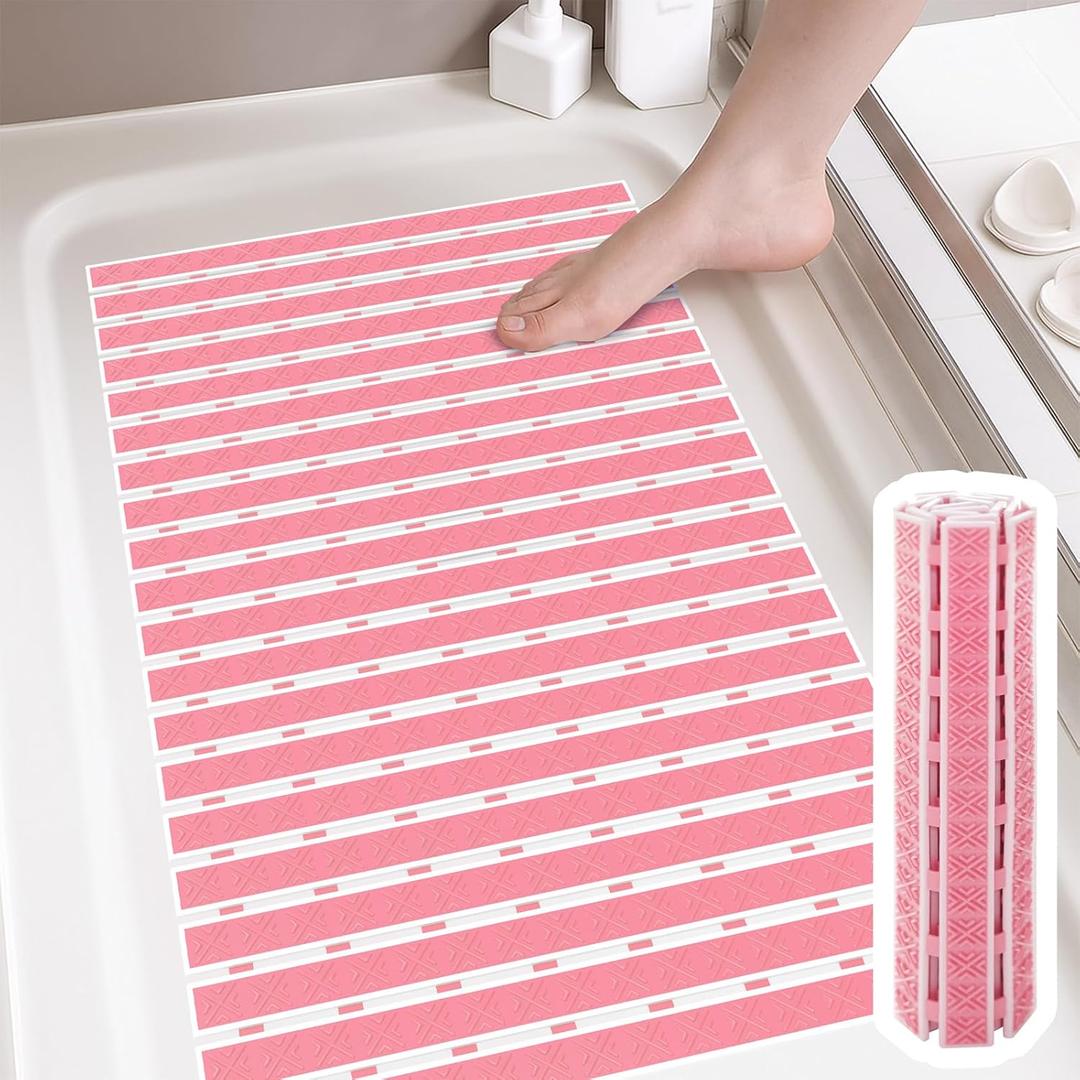Non Slip Rubber Bathtub & Shower Mat - Fast Drain & Upright Drying Design, Strong Suction Cups, Structured Textured Surface, Low-Maintenance Bathroom Safety Mat, 27 x 16 Inch, Pink, Matace (27" x 15.8" (Rectangular))