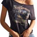RoseSeek Women's Off The Shoulder Graphic Tees Washed Crop Tops Short Sleeve T Shirts (L)