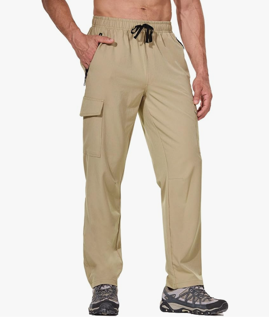 baleaf Men's Hiking Pants Water Resistant Cargo Quick Dry Travel Elastic Waist with Zip Pockets UPF 50+ for Work Running, Size M, Beige