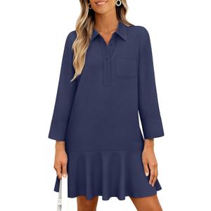 MEROKEETY Women's 2025 Fall 3/4 Sleeve Shirt Dress Casual Button Down Shift Pleated Midi Dresses with Pockets (L)