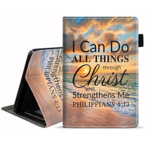 Case for All-New Amazon Kindle Fire 7 Tablet (7 inch Display 12th Generation, 2022 Release), Premium PU Leather Cover with Card Slot & Pencil Holder, Bible Verse Philippians 4-13