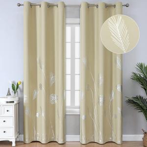 Estelar Textiler Darkening Curtains White Window 84 Inches Long Thermal Insulated Grommet Blackout Curtains with Silver Palm for Dining Room Sliding Door, 38Wx84L, Beige, 2 Drapes