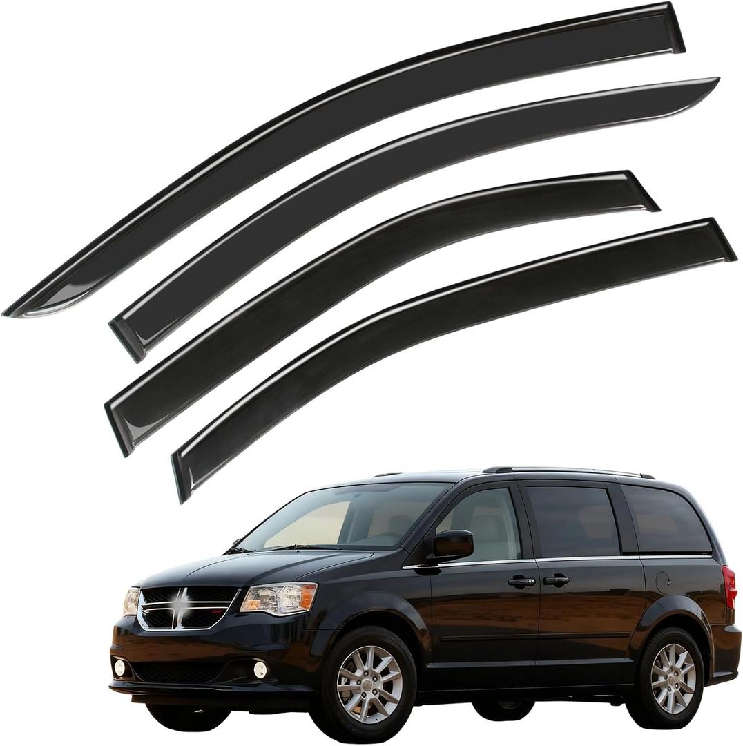 Window Visor Wind Deflector, 4PCS Tape-On Rain Guards for 2008-2020 Dodge Grand Caravan, 2008-2016 Chrysler Town & Country,Outside Mount Sun Shade Side Window Vent Visors, Black
