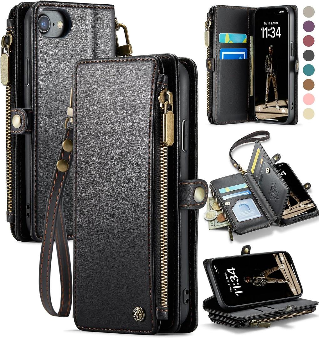 Defencase Compatible with iPhone SE 2020 2022 Case Wallet with RFID Blocking Card Holder for Women Men, Soft PU Leather Magnetic Snap Flip Zipper Strap Wallet Phone Case Fit for iPhone SE/7/8, Black