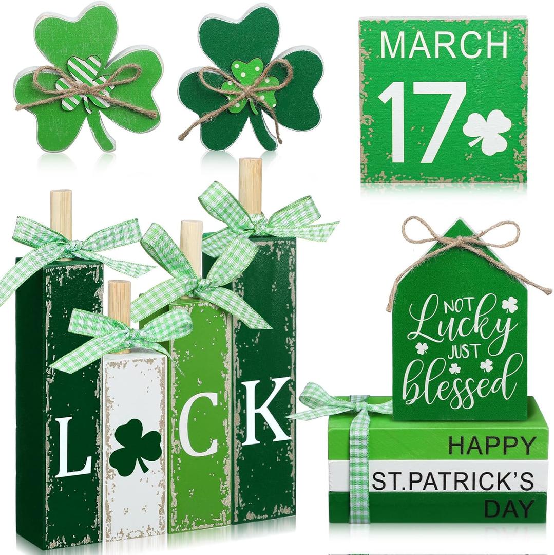 Vercraft 11 Pcs St. Patrick's Day Table Decorations Wood Faux Books Irish Table Top Decor Clover Wooden Sign Centerpiece for St. Patrick's Day
