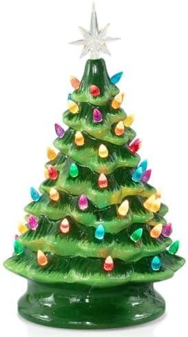 Brightown 13 Inch Ceramic Christmas Tree, Pre-lit Tabletop Christmas Tree with Multicolored LED Lights, Battery Operated Vintage Lighted Ceramic Tree for Home Office Table Holiday Decorations, Green