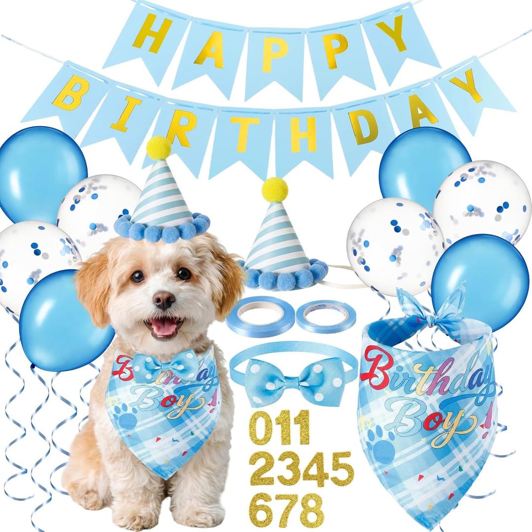 14 Pcs Blue Dog Birthday Party Supplies Dog Birthday Bandana Cute Set Hat Dogs Boy Birthdays Outfit with Numbers Banner Bow Tie Balloons for Small Medium Large Pet Dogs Decoration Party