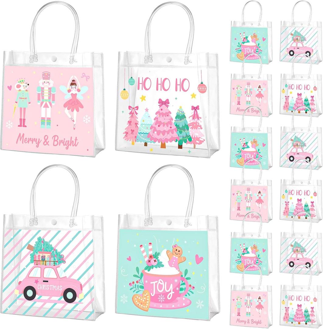 Zhanmai 24 Pcs Pink Christmas Gift Bags with Handles Clear Xmas Holiday Party Favor Bags Bulk 4 Styles Nutcracker Gingerbread for Holiday Presents Wrapping Treat Favors Supplies, 8 x 8 x 3.15 Inch