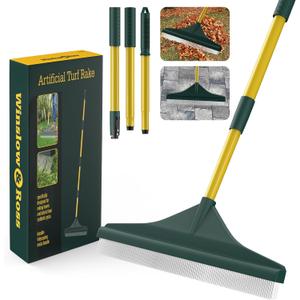 Artificial Turf Rake with Steel Telescopic Handle, 32 to 55 Inch 3 Piece-Pole Easy Storage Design, Garden Hand Boom Rake for Artificial Grass, Carpet Pet Hair, Lawn Leaves and Debris Remove, Yellow