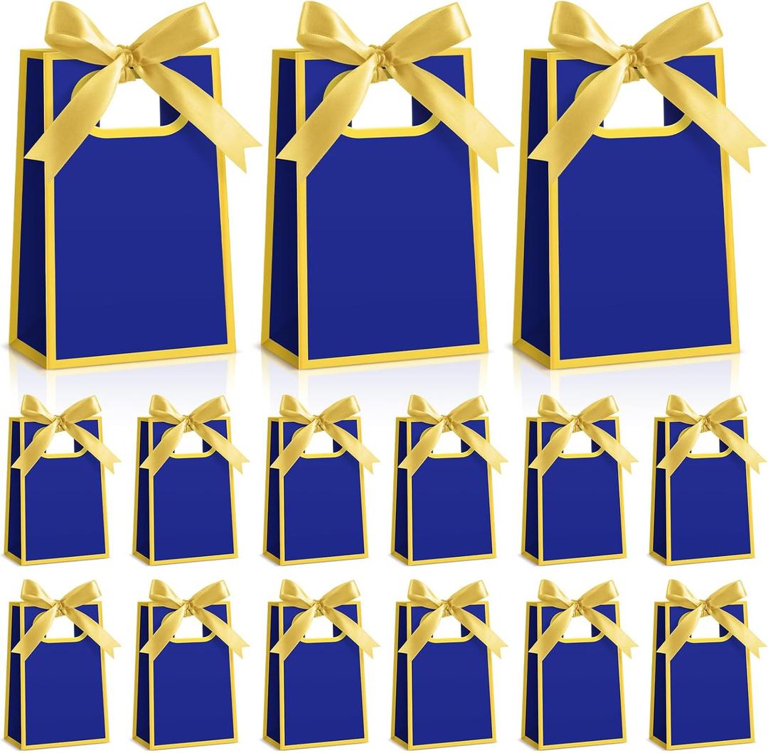 AmazingSpark 50 Pcs Royal Blue Gold Mini Gift Bags Bulk 6.3 x 3.9 x 2.8 Inch Party Favors Elegant Small Gift Bags with Handles and Ribbon Bows for Wedding Birthday Bridal Baby Shower Party Favors