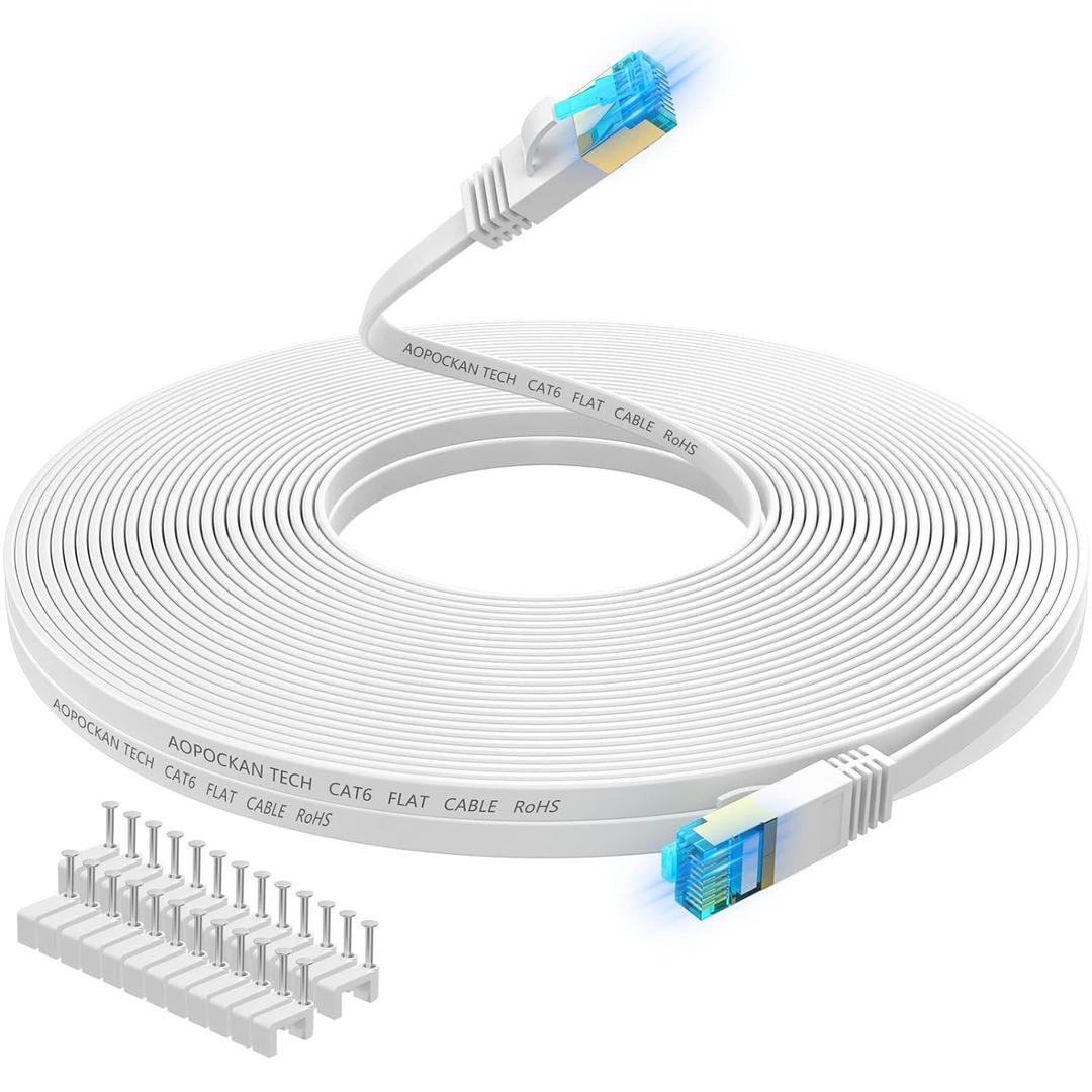 Cat 6 Ethernet Cable 50 ft,Flat Internet Network LAN Patch Cords Solid Cat6 High Speed Computer Wire with Clips - Snagless Rj45 Connectors for Modem,Router,PS4 Faster Than Cat5/Cat5e - 50ft White