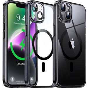 Magnetic Hybrid Clear Case for iPhone 14 - [Compatible with MagSafe] [Built-in Camera Protector] [Not Yellowing] Hard Transparent Back Silicone Edge Phone Case Cover, 6.1", Black