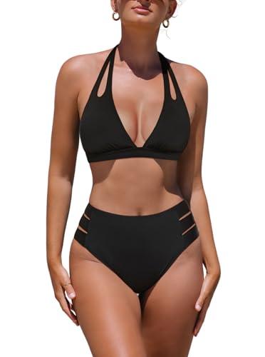 popvil High Waisted Bikini Sets: Black Women's Two Piece Swimsuit Halter Top Bathing Suit, Black, Small