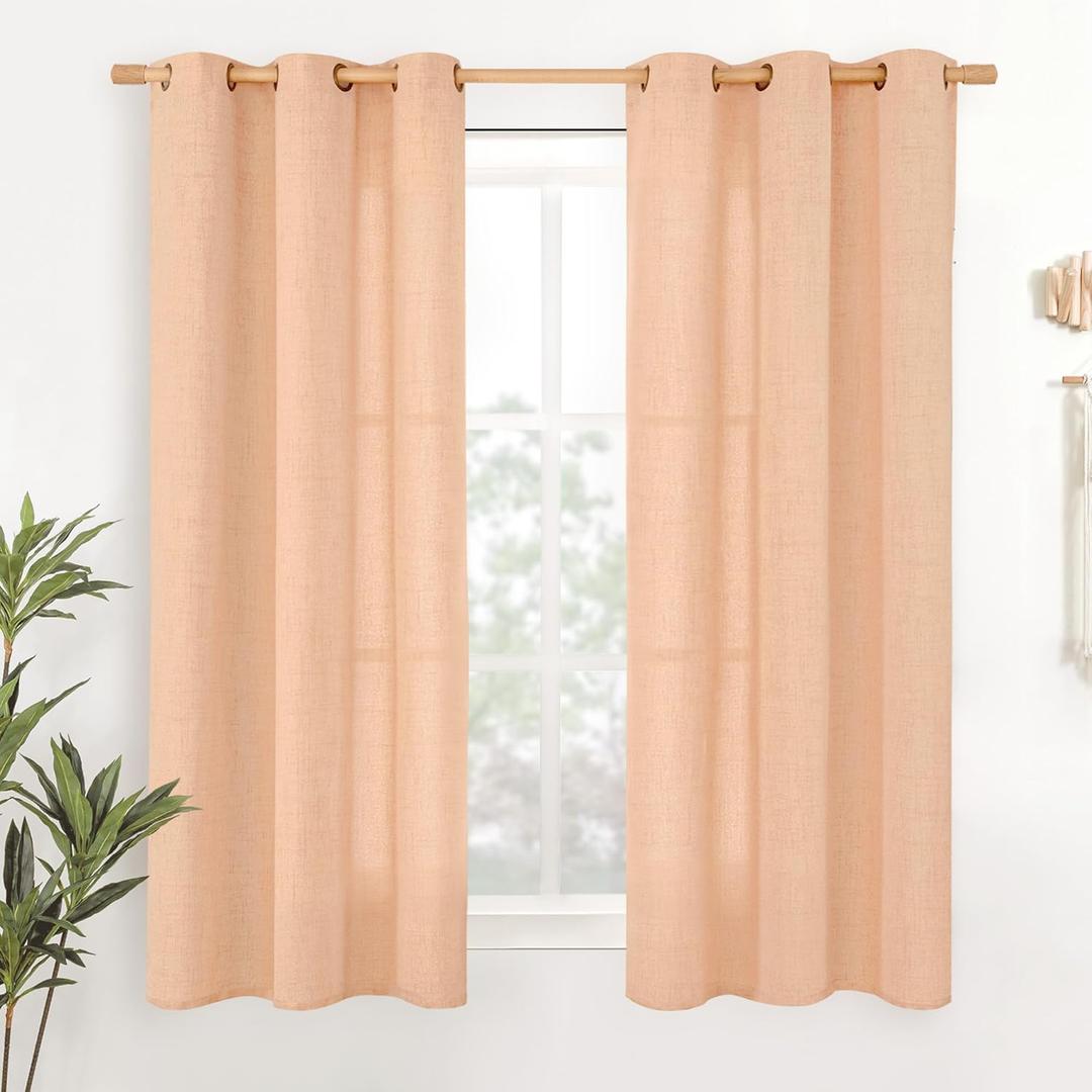 YoungsTex Peach Linen Curtains 45 Inches Long for Short Window, Semi Sheer Textured Drapes with Bronze Grommet Light Filtering Spring Decor for Bedroom Living Room, 42 x 45 Inch, 2 Panels