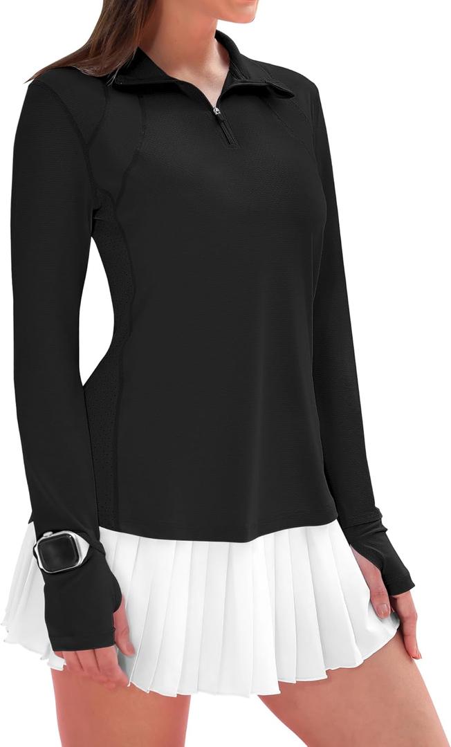 IECCP Womens Long Sleeve Golf Shirts Sun Protection 1/4 Zip Pullover Summer Quick Dry Athletic Hiking Running Workout Tops, Blaack, Medium