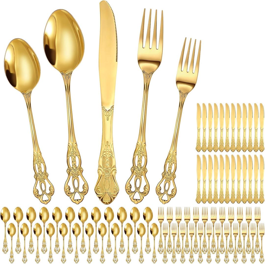 Dandat 250 Pcs Gold Stainless Steel Flatware Set, Retro Vintage Silverware with Forks Spoons Knives Mirror Polished Cutlery Set for Valentine's Day Wedding Kitchen Home Restaurant