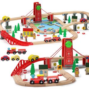 SainSmart Jr. Wooden Train Set for Toddler, Double-Side Wood Train Track with 4 Trains Fits Brio, Thomas, Melissa and Doug, Toy Railway Kit for Kids Ages 3+