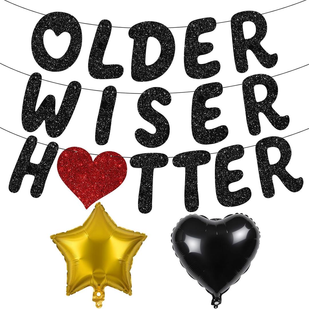 2 x Older Wiser Hotter Pre-Strung Glitter Happy Birthday Banner Decorations - 30th 40th 50th 60th 70th 80th Birthday Decorations Gifts for Women Men, Happy Birthday Sign Party Balloons