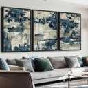 Large Abstract Canvas Wall Art - Black Float Framed Modern Wall Pictures for Living Room Vintage Blue Beige Artwork Retro Paintings Canvas Prints for Bedroom Home Office Decor 24" X 36" X 3PCS