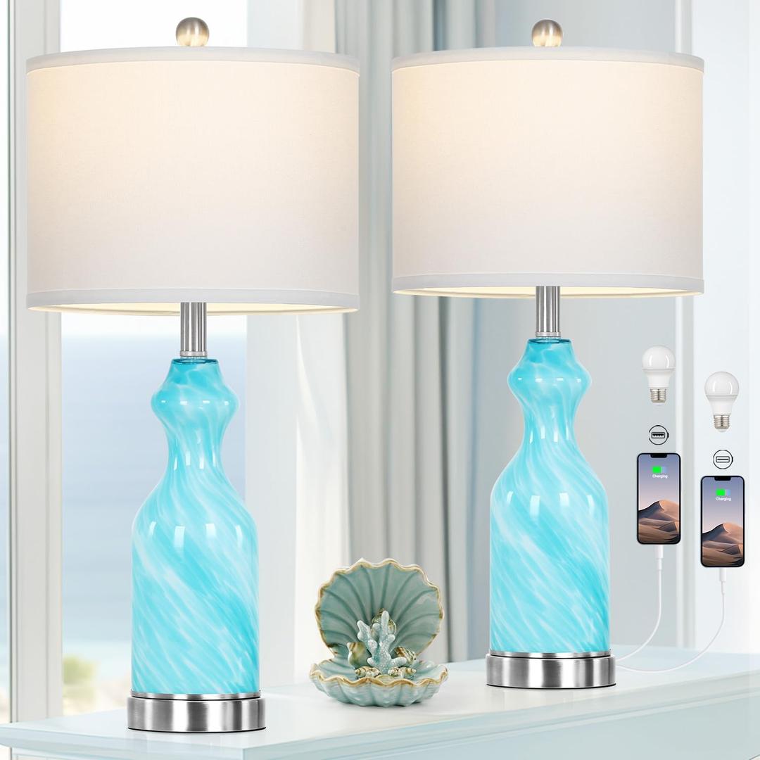 26" Modern Glass Table Lamp for Living Room, Lamps for Bedrooms Set of 2, Blue Bedside Lamps with USB A+C Charging Ports for Living Room Nightstand Lamp End Table Lamps (Bulbs Included)