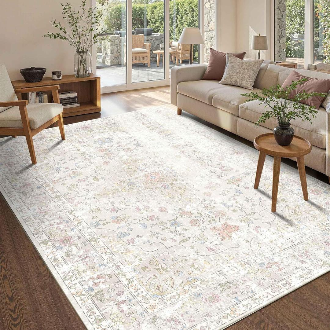 OHWPEAT Area Rugs 5x7, Washable Beige Rugs for Living Room, Bedroom, Non Slip, Neutral Floral Vintage Indoor Rug for Farmhouse Nursery, Dining Room, Kid Room, Office, Dorm