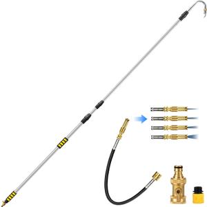 2-IN-1 24FT Reach Gutter Cleaning Tool, 16FT Gutter Cleaning Wand with Flexible Wand & Stainless Steel Curved Tube (360 Rotating Nozzle), Adjustable Spray, Brass Valve, Garden Hose Attachment