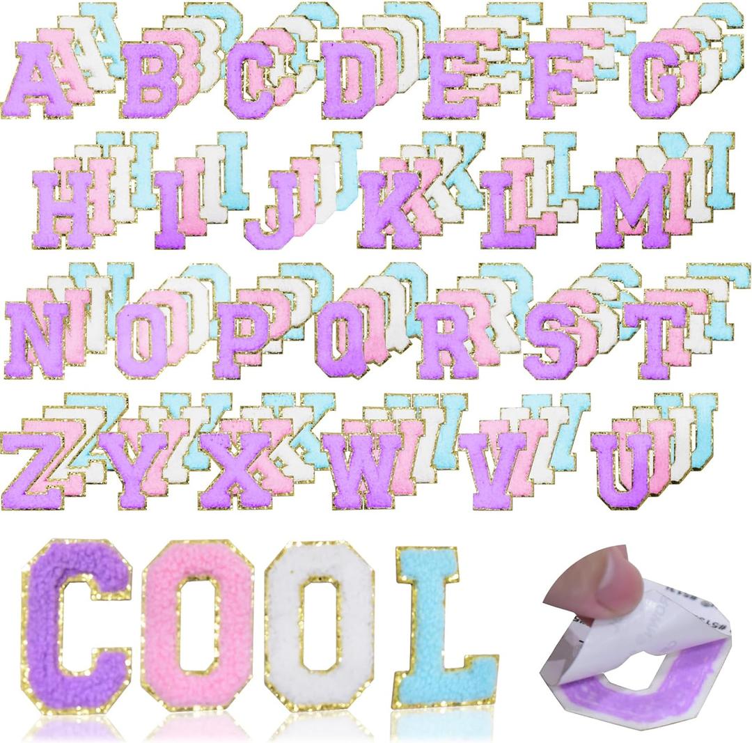 104 Pcs Chenille Letter Patches Iron on Letters Self Adhesive Chenille Patches Chenille Embroidered Patch for Clothing Hats Embroidered Repair(White, Pink, Purple, Blue, 2.2")