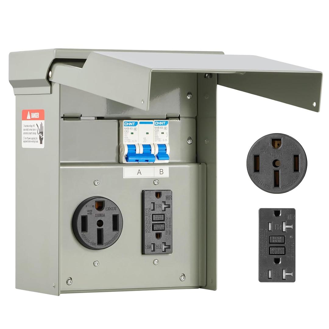 VEVOR 50 20 Amp RV Temporary Power Outlet Box Electrical Panel with Breaker