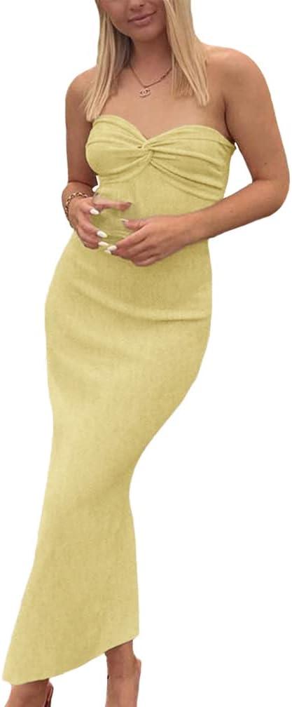 WFHFNJW Women Sexy Twist Knot Front Ribbed Knit Bodycon Bandeau Tube Dress Casual Solid Strapless Maxi Long Dress (Yellow, M)