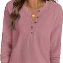 ANRABESS Women's Long Sleeve Waffle Knit Shirts Dressy Casual Loose Button Up V Neck Henley Tops 2026 Fall Basic Tee Blouse (Large, Pink)