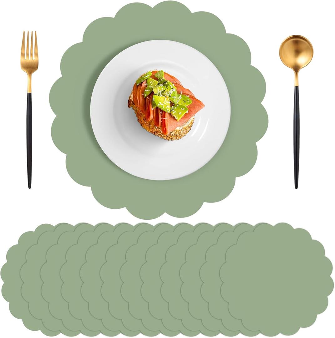 60 Pcs Sage Green Paper Placemats, 13.5 Inch Disposable Scalloped Easter Placemat Round Table Place Mats, Round Table Place Mats for Birthday Wedding Bridal Shower Baby Shower Banquet Tea Party