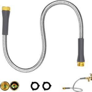 Short Metal Garden Hose 3ft Connector 5/8"Stainless Steel Flexible Water Hose Extension Male to Female Leader Kink Free Lightweight Extender Hose for Yard Hose Reel Cart Box Faucet Rain Barrel