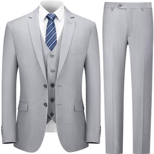 Cooper & Nelson 3 Piece Mens Suit Set, Slim Fit Suit for Men, Solid Jacket, Vest, Pants and Tie (Medium, Light Grey)