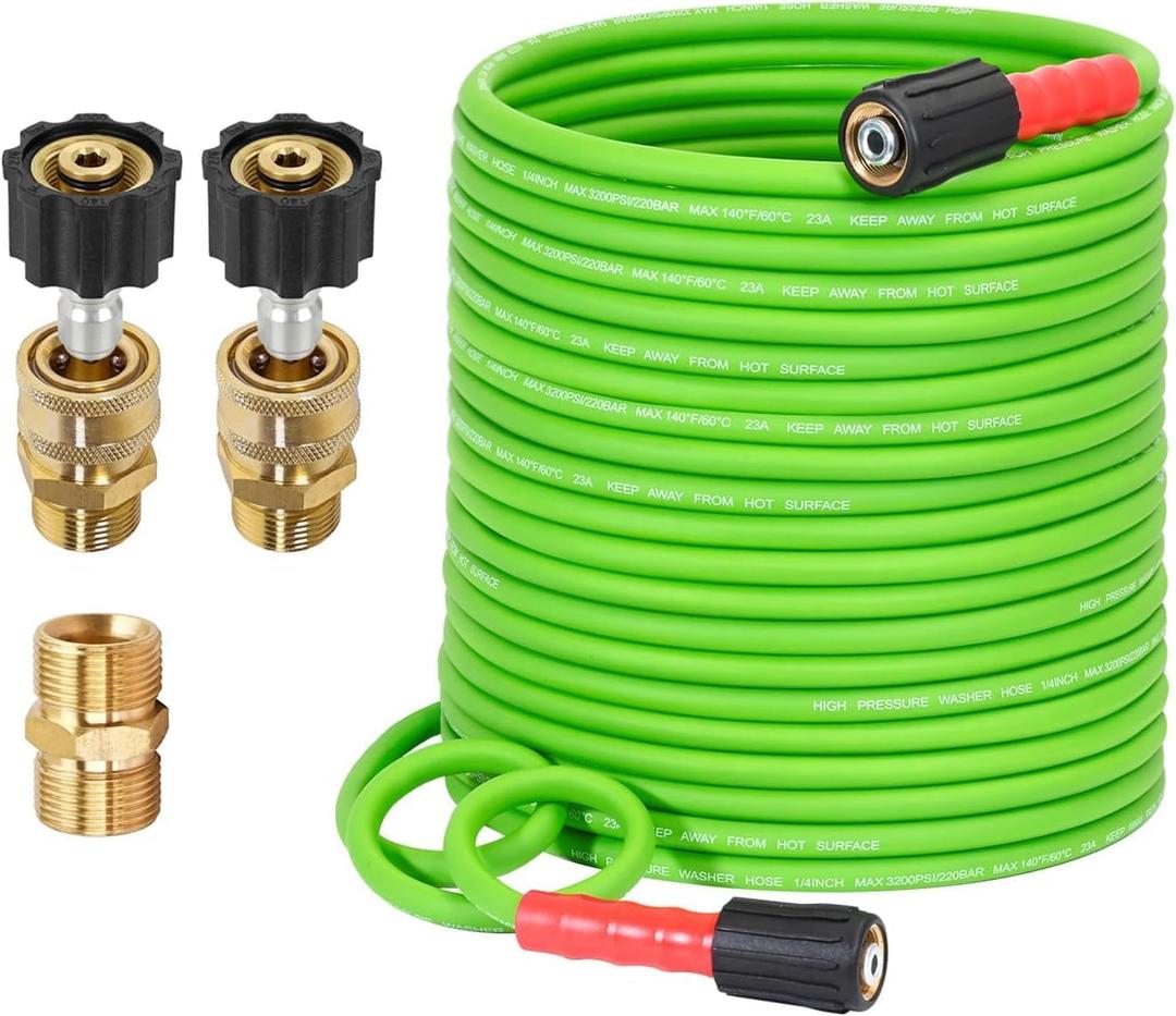 YAMATIC Super Flexible Pressure Washer Hose 100FT for Power Washer Replacement, Kink Resistant Extension With Leak-Free M22 Female & 3/8" Quick Connect Adapters, 1/4" 3200 PSI, Green