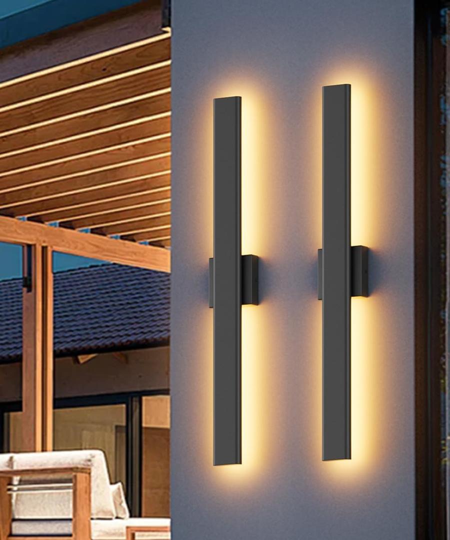 Aipsun 2 Packs LED Outdoor Wall Lights, 3000K 4000K 6000K, 23.6in Modern Black Outdoor Porch & Patio Wall Sconce, Linear Exterior Wall Light for Entrance, Hallway, Garage, Porch(3CCT)