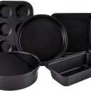Baking Pans Set 5-Piece Toaster Oven Pans Bakeware Cooking Includes Nonstick Cake Pans/Loaf Pan/Cupcake Pan/Pizza Pan/Cookie Pan, Carbon Steel Baking Pan Set,Black