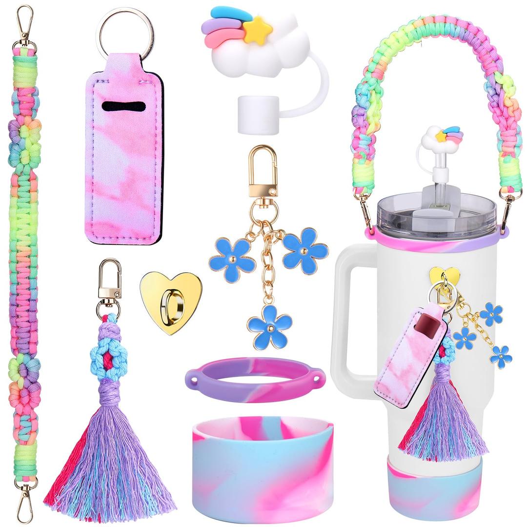 Mity rain Cup Accessories for Stanley Cup 20oz 30oz 40oz Tumbler with Handle, Including Water Bottle Handle Strap, Chapstick Holder, Boot, Keychain Charms, Straw Topper for Kids (Colorful)