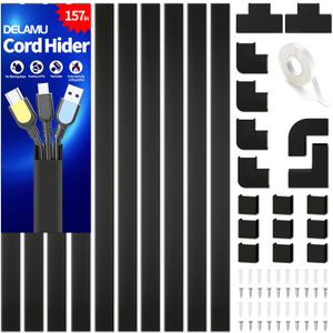 Cable Hider, 157in Delamu Cord Hider Wall for Wall Mounted TV, Wire Hider Kit, Paintable Cable Concealer Raceway Management for Home & Office, 10XL15.7 W0.95 H0.55in, Black