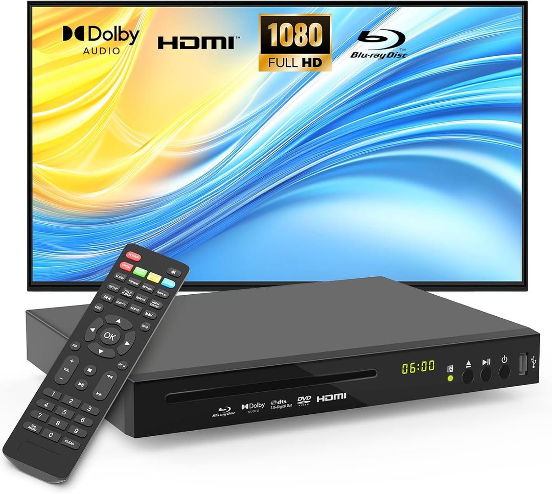 Blu Ray Player Dolby Digital TrueHD/DTS and 1080P Full HD, Plays Region A/1 Blu-Rays and All DVDs, Supports 128GB USB Playback + HDMI/AV/Coaxial Output + Built-in NTSC/PAL with HDMI/AV Cable
