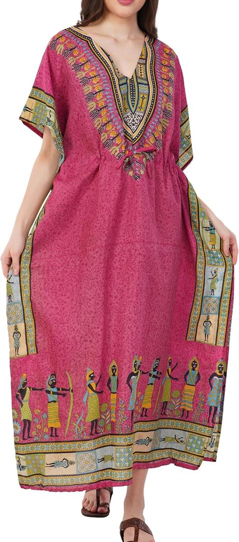 Divine threads Women African Print Kimono Cover Up V Neck Batwing Sleeve Plus Size Beach Kaftan Dresses Brown, Size : XL
