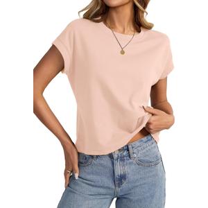 Womens Cap Sleeve T Shirts Crewneck Loose Fit Crop Tops 2026 Summer Casual Tee Fashion Trendy Clothes, XL