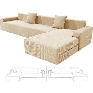 ZNSAYOTX Sectional Couch Covers, Stretch Jacquard Slipcovers with Elastic Bottom for L-Shape Sectional Sofa, 2 Pcs Pet Friendly Modular Sofa Protector (3 Seat Couch + 3 Seat Chaise, Light Beige)