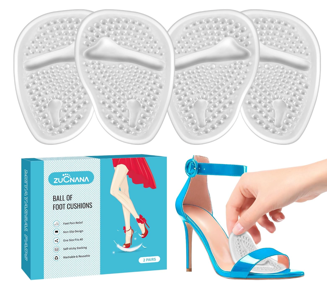 ZUCNANA Metatarsal Pads for Women, Ball of Foot Cushions for Heels, Soft Gel Foot Pads for Comfort and Foot Pain Relief, Non-Slip Heel Pads, One Size Fits Any (2 Pairs Clear)