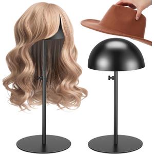Sintuff 2 Pcs Hat Display Stand 7.9-15.7 Inch Adjustable Hat Holder Sturdy Wigs Head Stand Anti-rust Non-slip Stable Stainless Steel Metal Hat Rack for Multiple Hats Storage Wig(Black,Round Base)